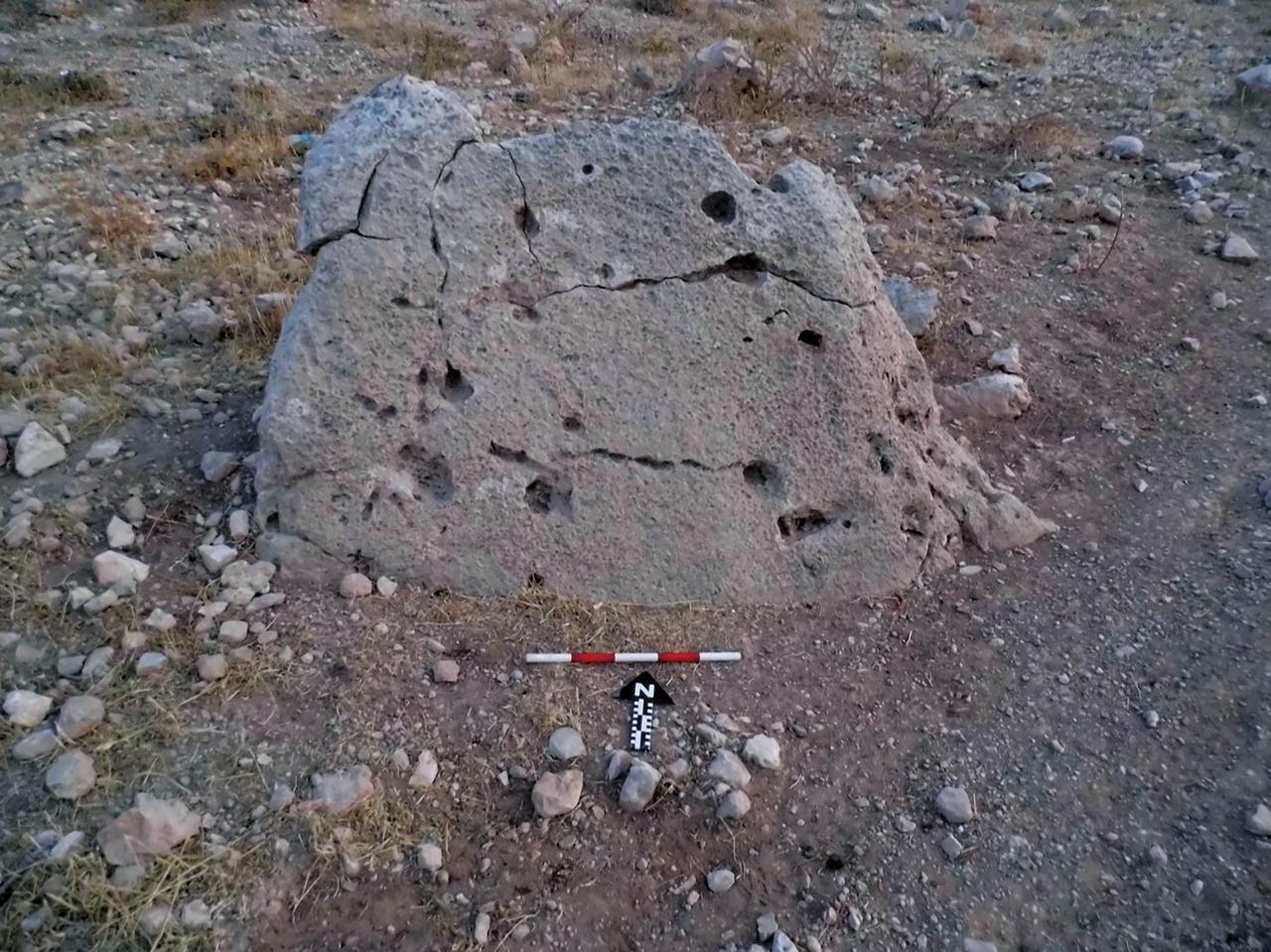Weathered standing stone with surface markings found at Murayghat. (Photo via The Ritual Landscapes of Murayghat project, Susanne Kerner)