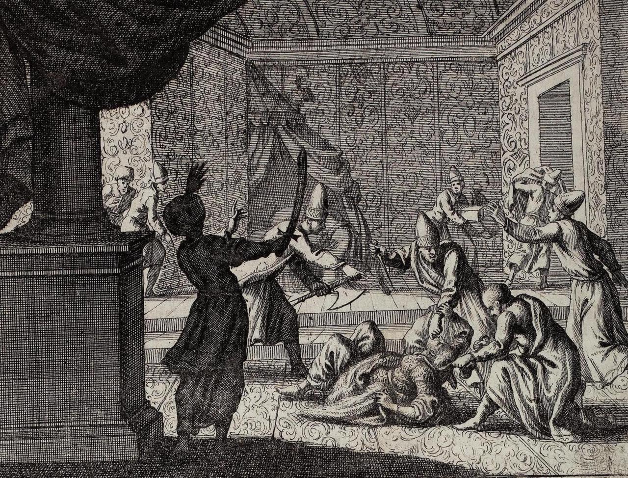 Osmanlı tarihinin en güçlü kadınlarından biri olan Kösem Sultan'ın 1651'de öldürülmesini tasvir eden 18. yüzyıla ait gravür. (Wikimedia Commons aracılığıyla resim)