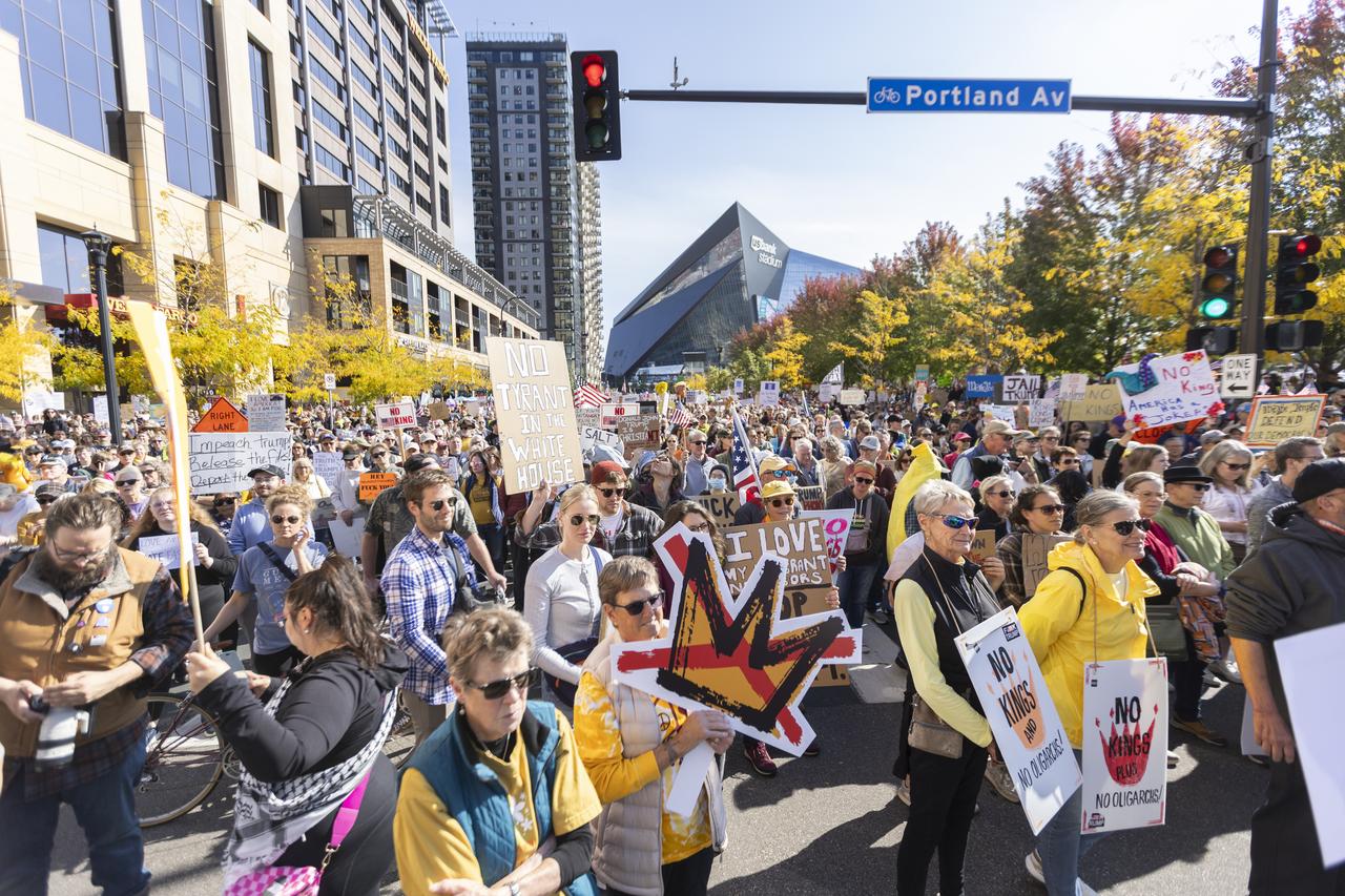 Demonstrators gather in Commons Park for the 'No Kings!' rally and march in Minneapolis, Minnesota, United States, on Oct. 18, 2025 (AA Photo)