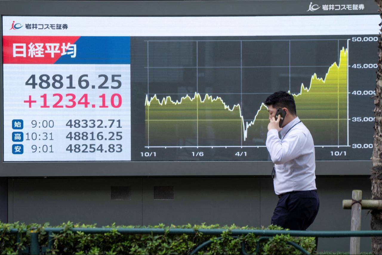 A man walks past an electronic quotation board displaying numbers of the Nikkei Stock Average on the Tokyo Stock Exchange in Tokyo, October 20, 2025. (AFP Photo)