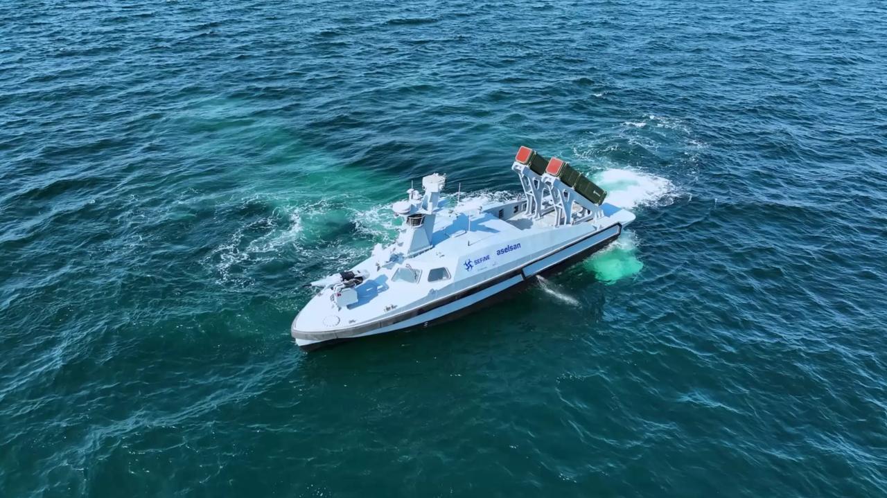 MARLIN, the first armed unmanned surface vehicle (USV) during a NATO operation with its new capability to detect mines floating on the sea surface. (AA Photo)