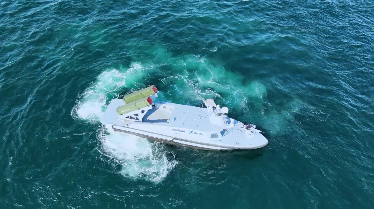 MARLIN, the first armed unmanned surface vehicle (USV) during a NATO operation with its new capability to detect mines floating on the sea surface. (AA Photo)