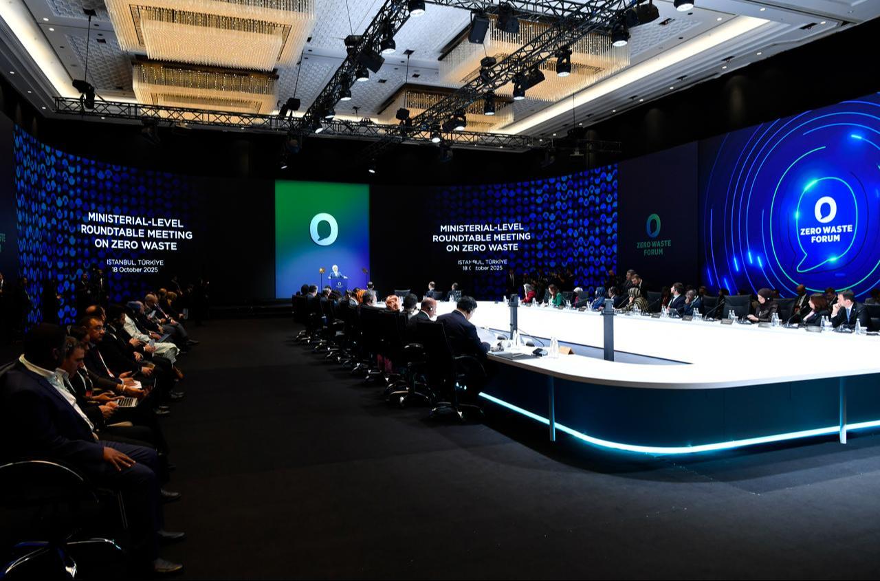 First Lady and Chair of UN High-Level Advisory Council on Zero Waste, Emine Erdogan delivers an opening speech during Minister-Level Roundtable Meeting on Zero Waste as a part of "Zero Waste Forum" in Istanbul, Türkiye, Oct. 18, 2025. (Photo via Turkish Presidency / Mustafa Oztartan)