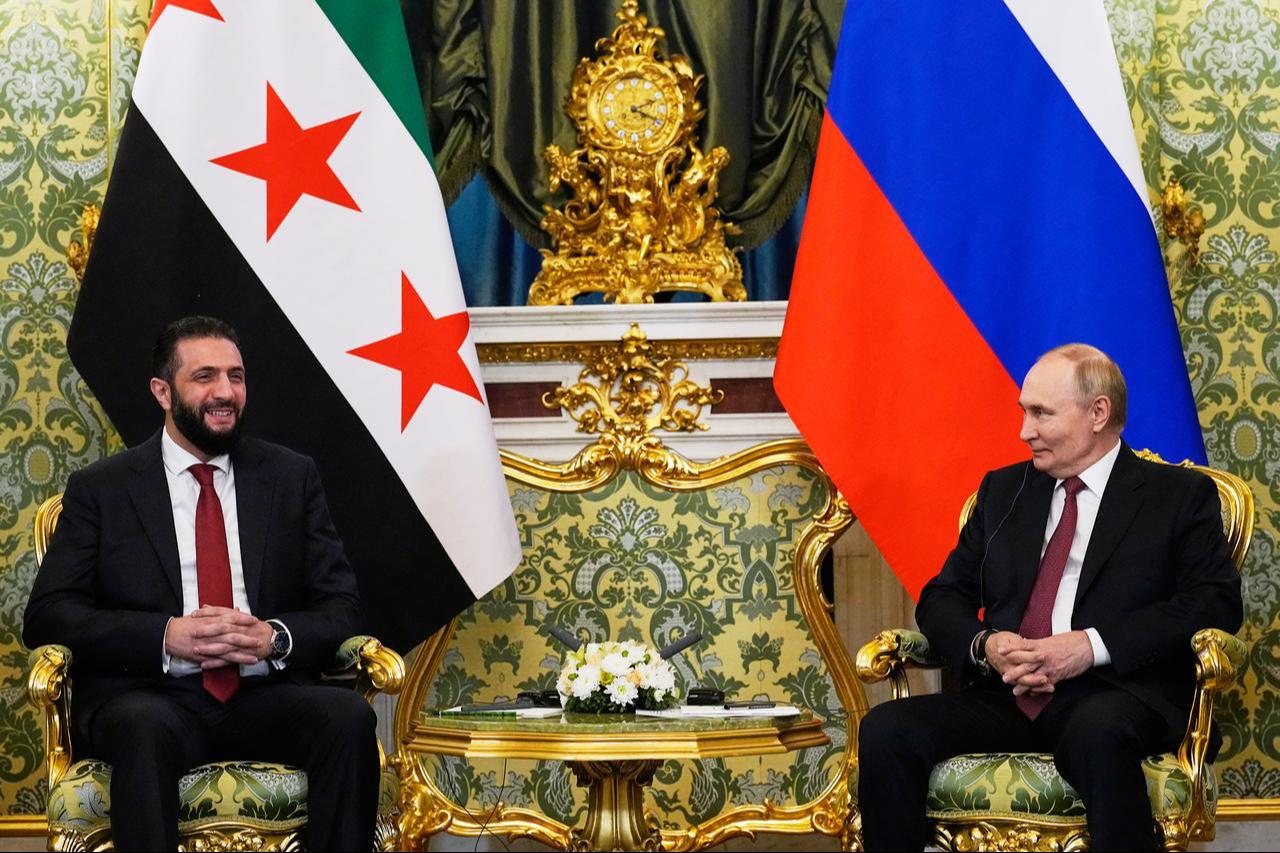 Russian President Vladimir Putin and Syrian president Ahmed al-Sharaa hold a meeting at the Grand Kremlin Palace in Moscow, Oct. 15, 2025. (AFP Photo)