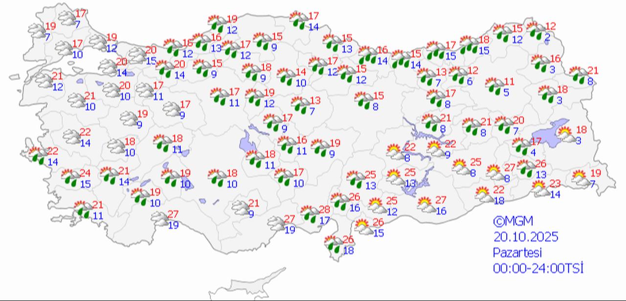 A detailed nationwide weather forecast map released by Turkish State Meteorological Service for October 20, 2025, showing widespread cloud cover and showers across the country, with temperatures ranging from the high teens to mid-20s Celsius. (Image via Turkish State Meteorological Service)