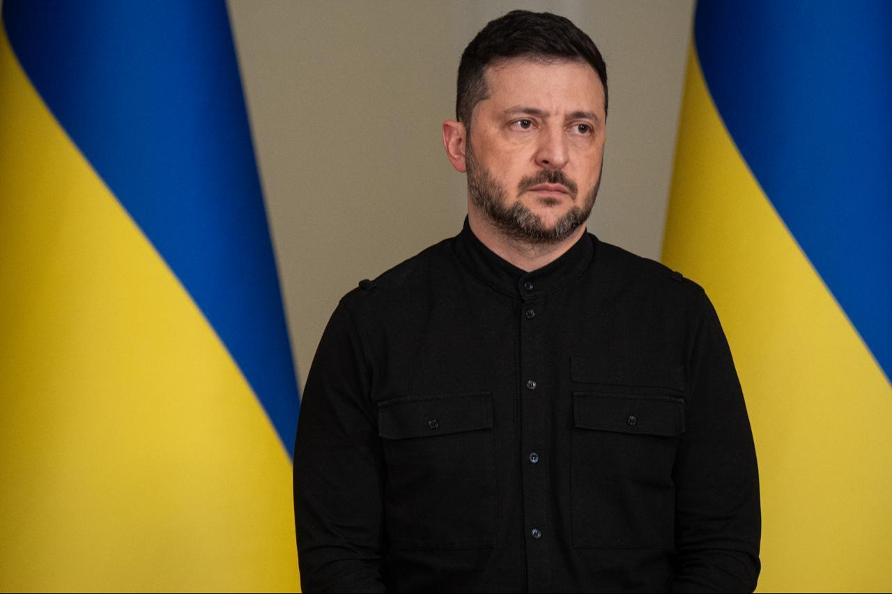 Ukrainian President Volodymyr Zelenskyy is seen speaking at a press conference after a Russian drone and missile attack, Ukraine in Kyiv, Ukraine, Oct. 10, 2025. (AA Photo)