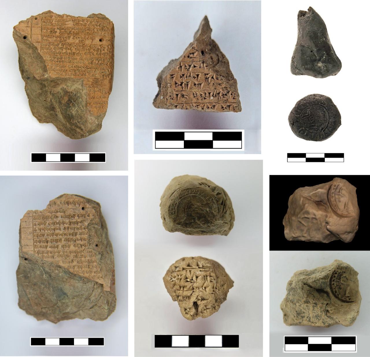Cuneiform tablets and seal impressions unearthed at Oylum Hoyuk in Kilis, dating to the Late Bronze Age Hittite period, Oct. 20, 2025. (IHA Photo)