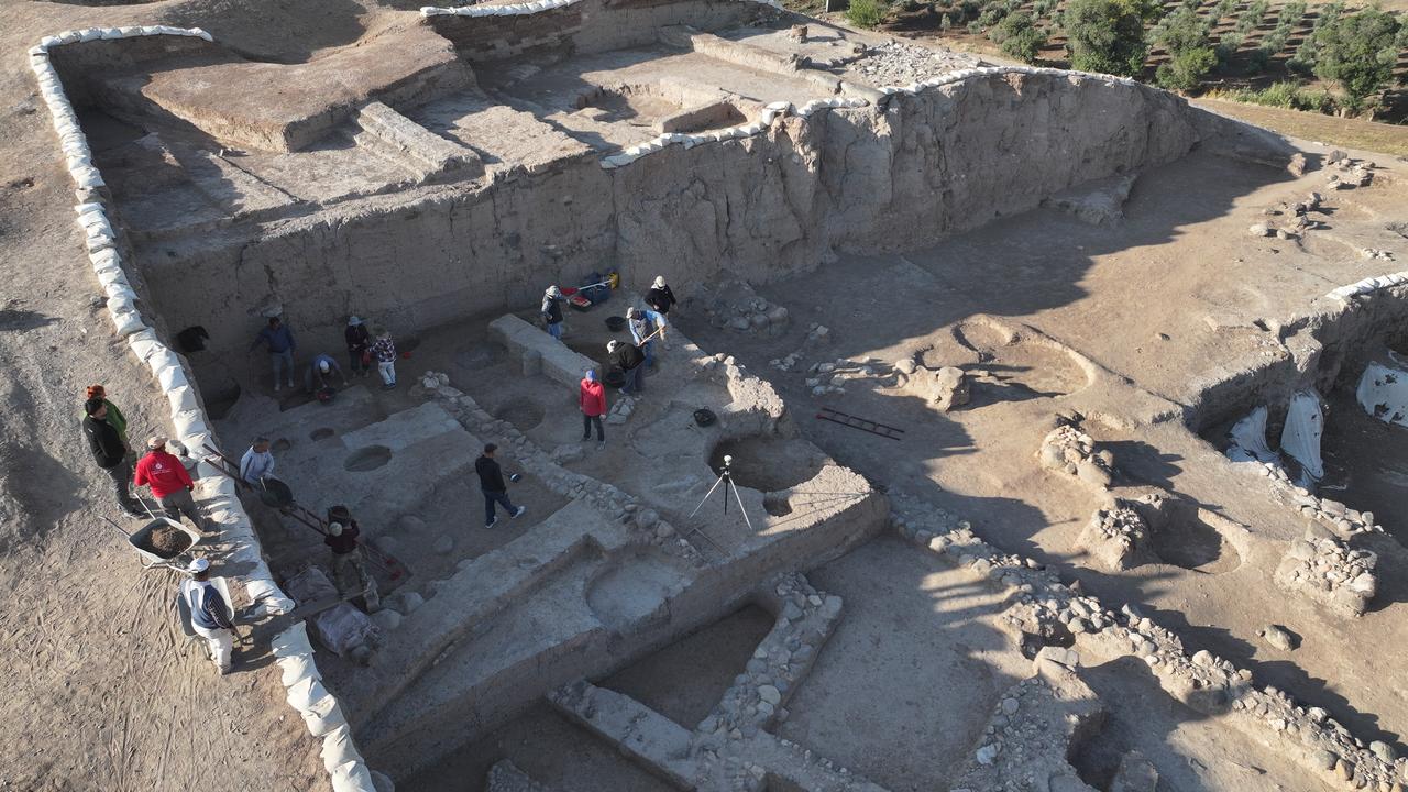 Aerial view of the excavation area at Oylum Hoyuk, revealing the monumental Hittite-period complex, Oct. 20, 2025. (IHA Photo)
