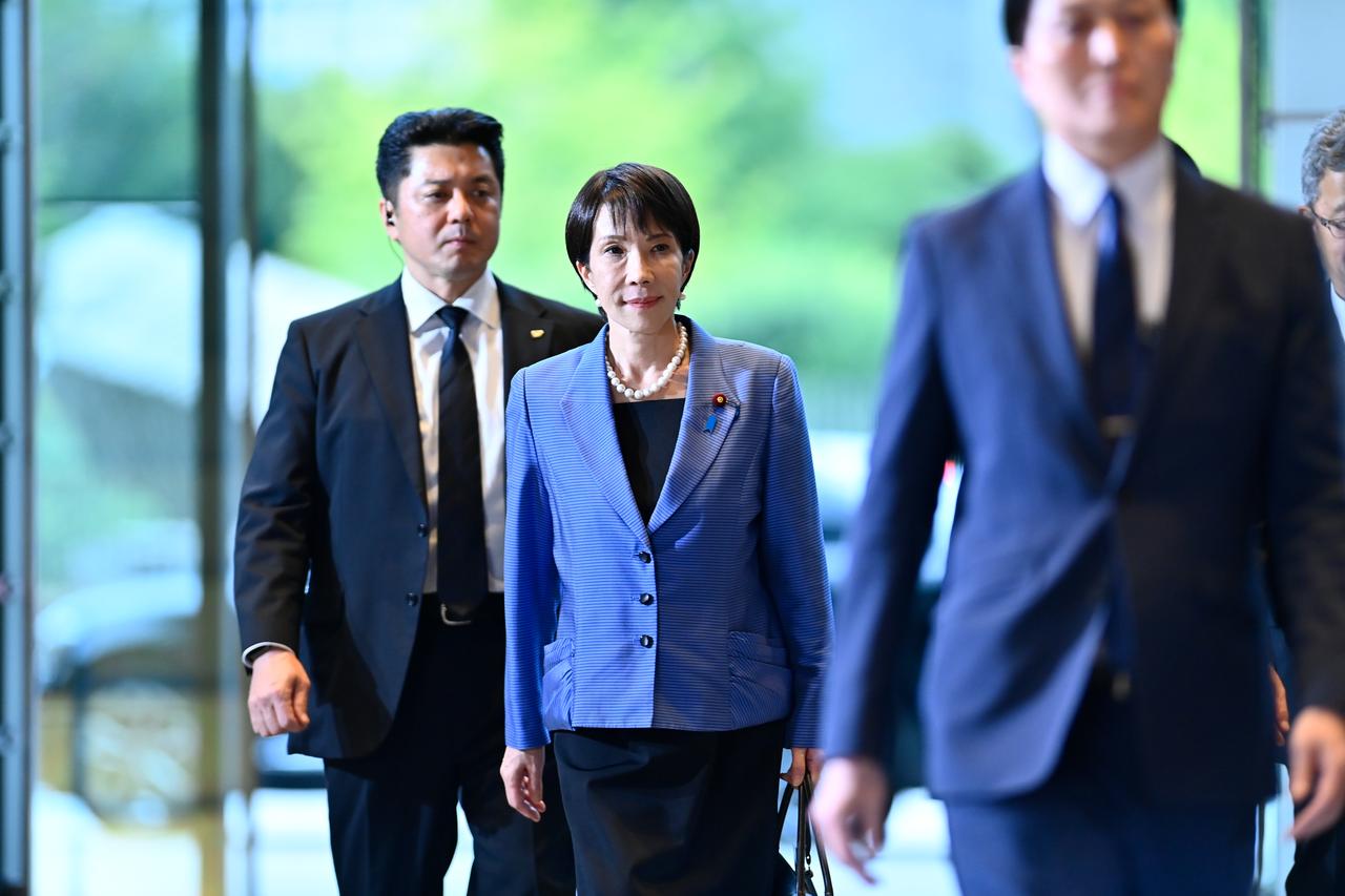 Newly elected Japanese Prime Minister Sanae Takaichi arrives at her official residence in Tokyo, Japan, escorted by Security Police (SP) officers, shortly after being chosen by parliament as the country’s new leader, on Oct. 21, 2025. (AA Photo)