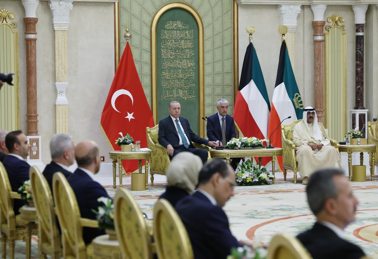 Turkish President Recep Tayyip Erdogan (L) holds interdelegation meetings with the Emir of Kuwait, Mishal Al-Ahmad Al-Jaber Al-Sabah (R) within his official visit in Kuwait City, Kuwait on Oct. 21, 2025. (Turkish Presidency / AA Photo)