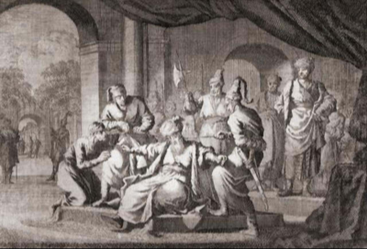 Execution of a noble by strangulation with a silken cord during Sultan Murad IV’s reign (1612–1640)─after an engraving by Caspar Luyken. (Image via Wikimedia)