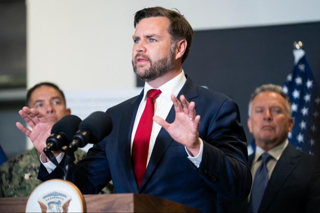 US Vice President JD Vance speaks during a press conference following a military briefing at the Civilian Military Coordination Center in southern Israel, Oct. 21, 2025. (AFP Photo)