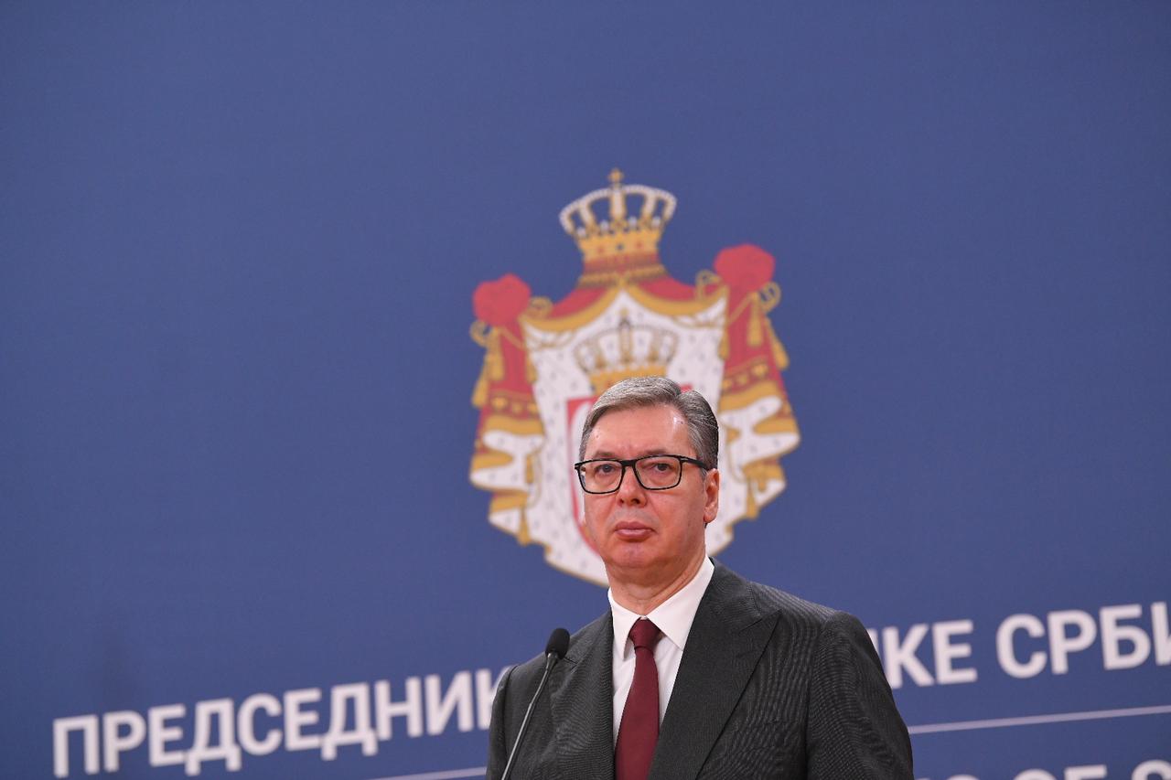 Serbian President Aleksandar Vucic and European Commission President Ursula von der Leyen (not seen) hold a joint press conference in Belgrade, Serbia on Oct. 15, 2025. (AA Photo)