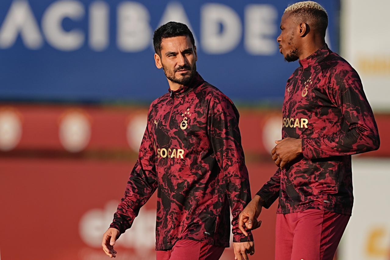 Victor Osimhen (R) and Ilkay Gundogan (L) of Galatasaray attend the training session at Kemerburgaz Metin Oktay Facilities ahead of UEFA Champions League football match between Galatasaray and Bodo/Glimt in Istanbul, Türkiye, Oct. 21, 2025. (AA Photo)