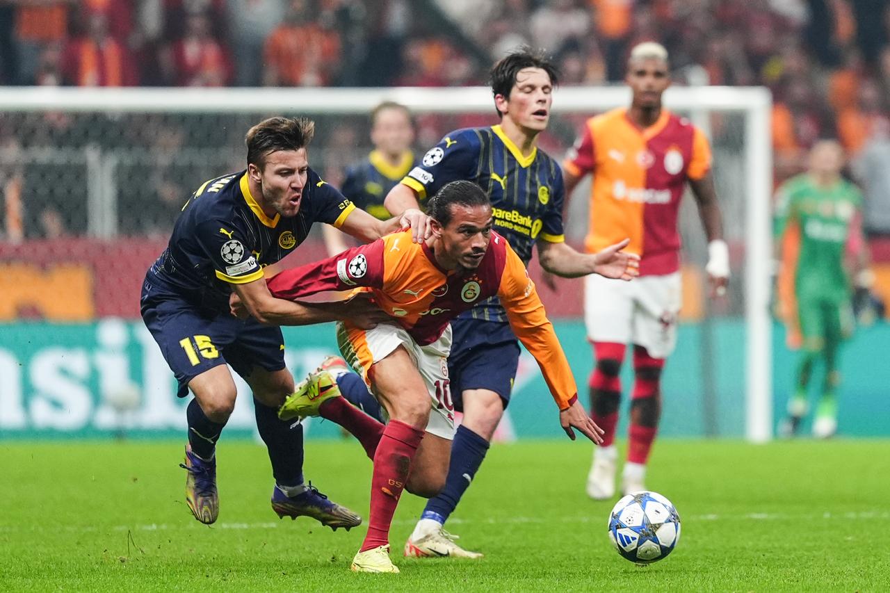 Leroy Sane (10) of Galatasaray in action against Fredrik Andre Bjorkan (15) of Bodo/Glimt during the UEFA Champions League third-week football match between Galatasaray and Bodo/Glimt at RAMS Park in Istanbul, Türkiye on Oct. 22, 2025. (AA Photo)