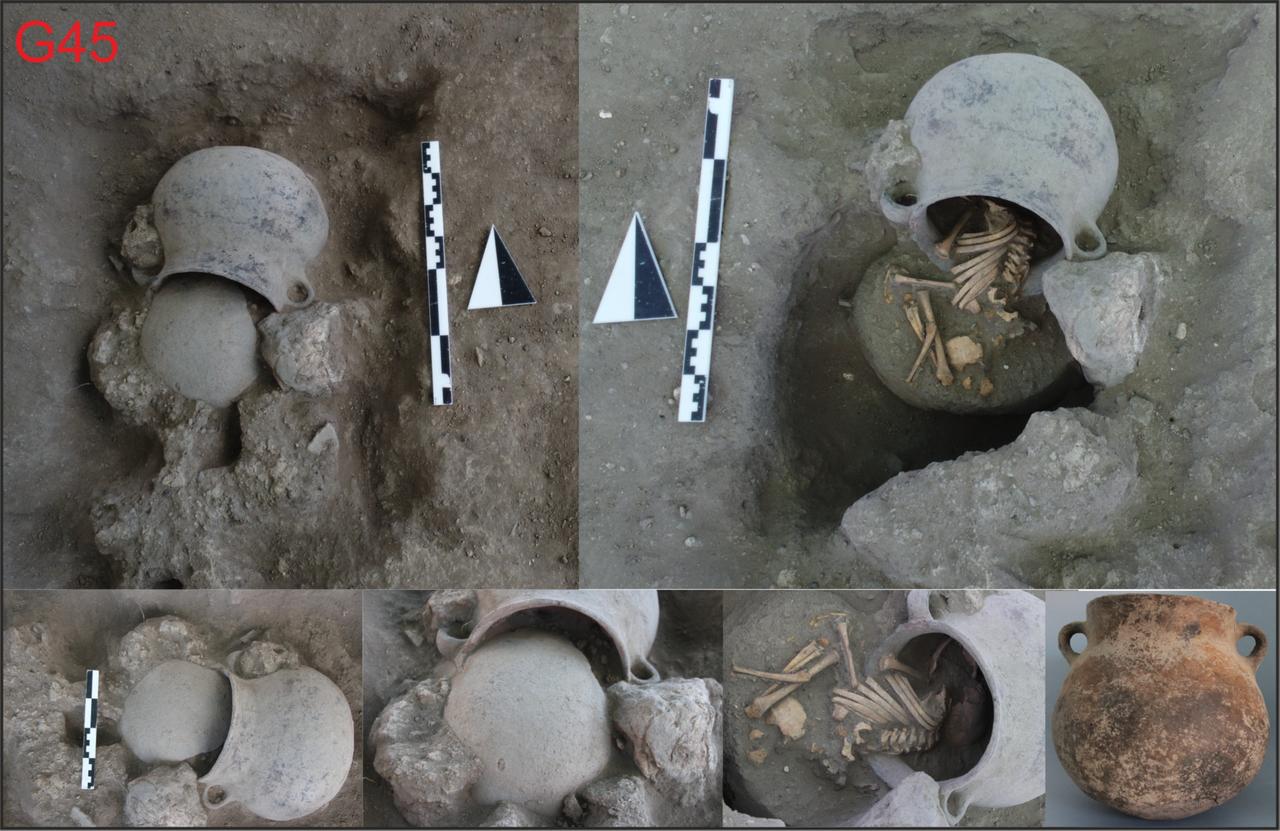 Pot burials containing skeletal remains from the Early Bronze Age unearthed at Kulluoba Hoyuk, Eskisehir, Türkiye, Oct. 2025. (AA Photo)
