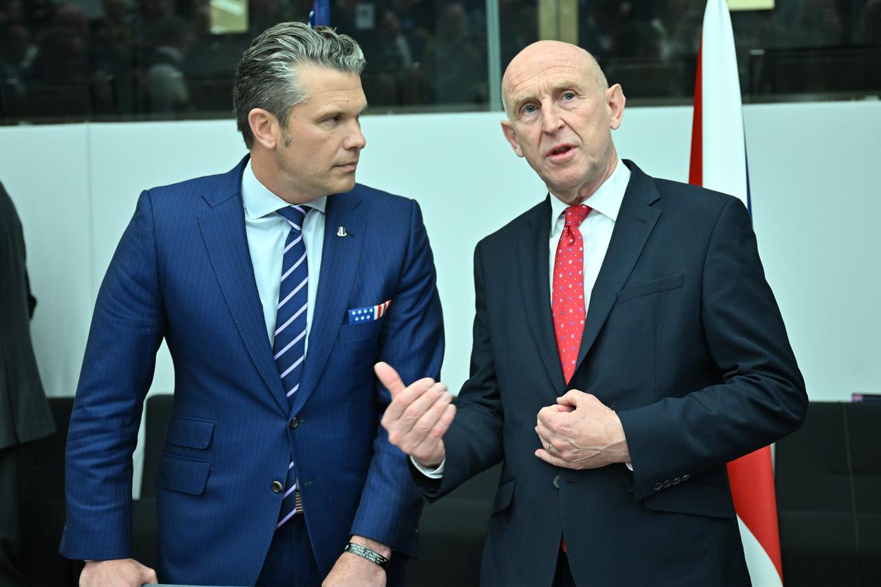 Secretary of Defense Pete Hegseth and UK Secretary of Defense John Healey attend the NATO-Ukraine Defense Contact Group meeting at NATO headquarters in Brussels, Belgium on Oct. 15, 2025. (AA Photo)