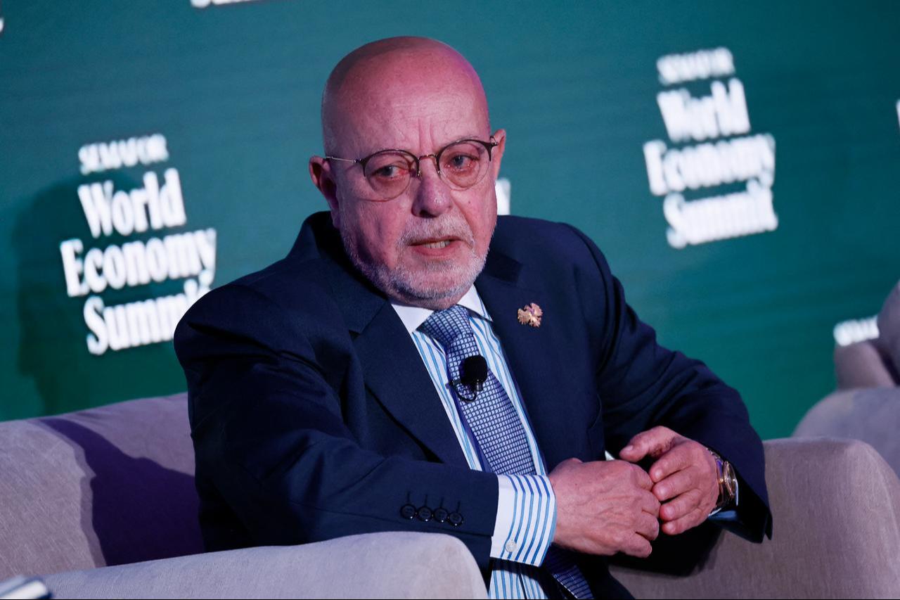 Mohammad Nidal al-Shaar, Minister of Economy and Industry, Syria speaks onstage during the Semafor World Economy Summit Fall Edition at Gallup HQ Oct. 16, 2025 in Washington, DC. (AFP Photo)