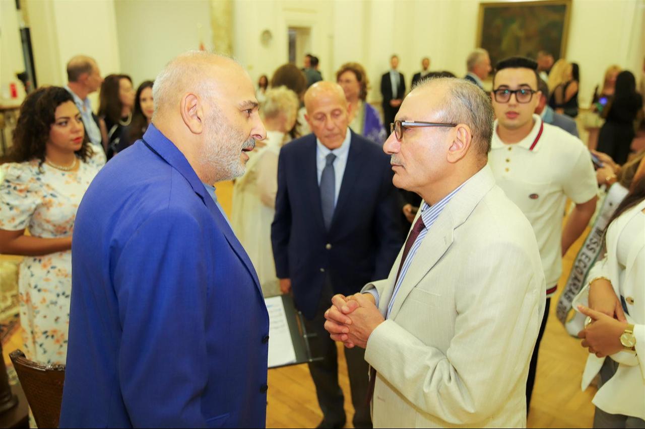Turkish Ambassador Salih Mutlu Sen with Syrian film producer and director, in an event held at the Turkish Embassy in Cairo to mark the 100th anniversary of diplomatic relations between Türkiye and Egypt, October 6, 2025. (AA Photo )