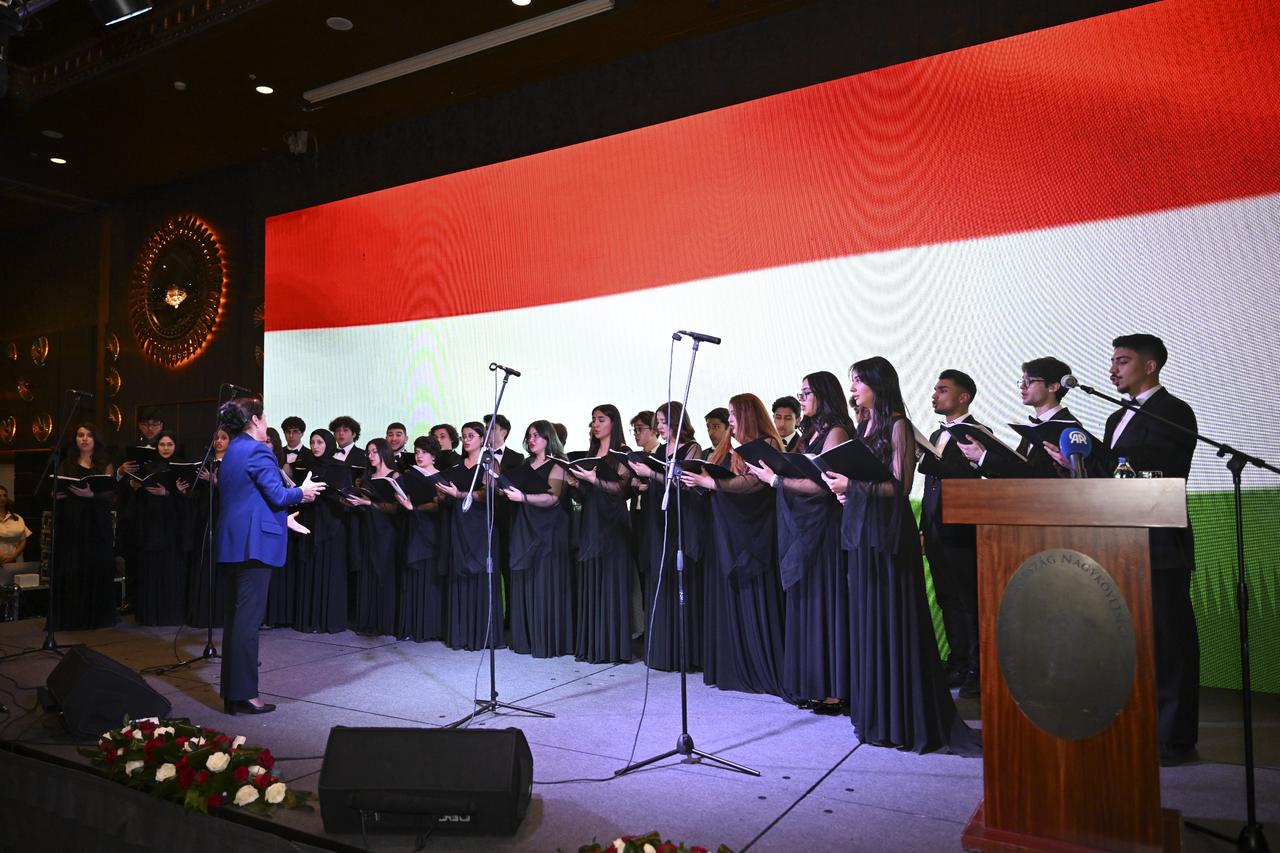 A reception was held at a hotel in Ankara by the Hungarian Embassy to mark Hungary’s National Day, opening with the national anthems performed by the Ankara University of Music and Fine Arts Student Choir, Ankara, Türkiye, October 21, 2025.(Ismail Kaplan/AA Photo)