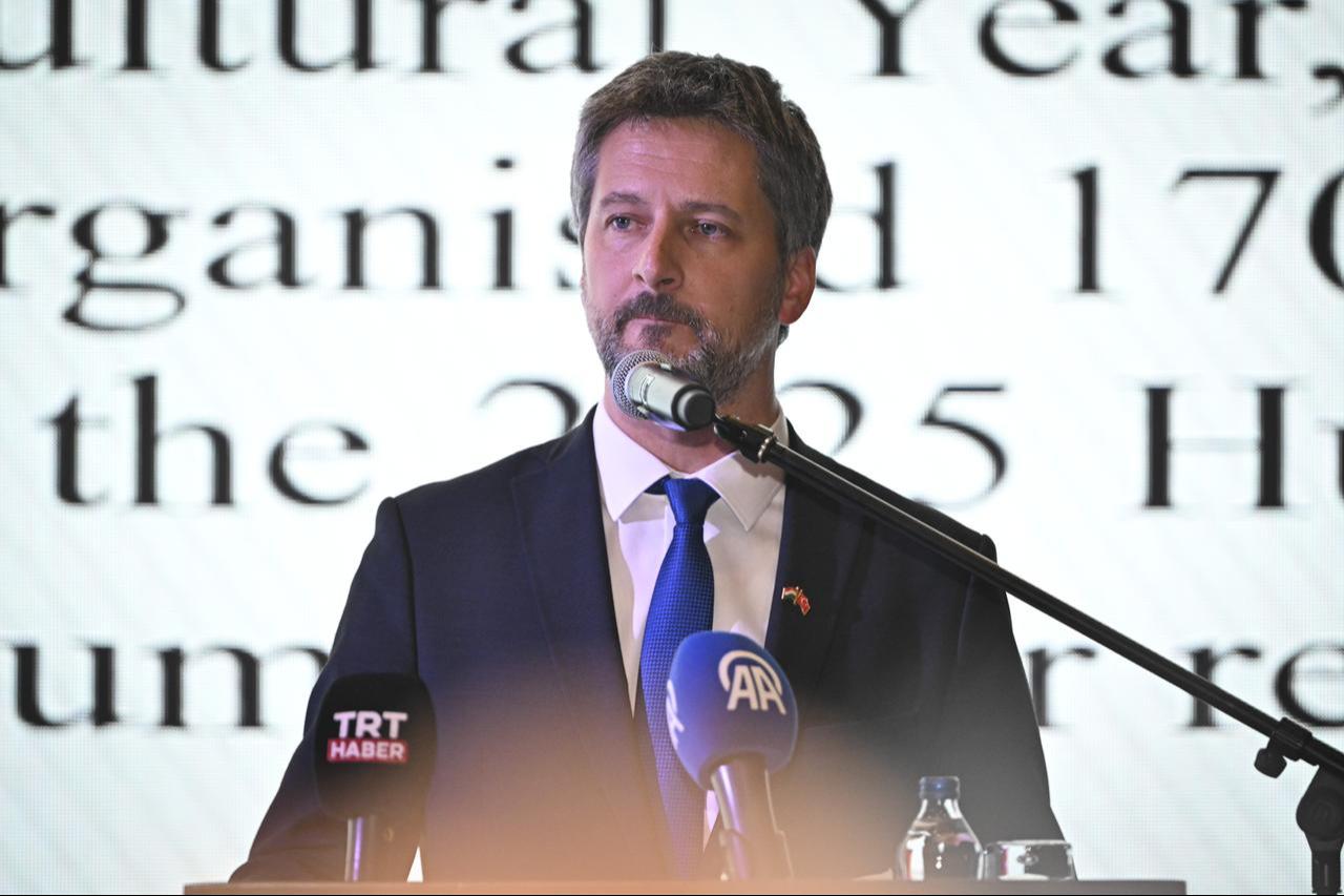 Hungarian Ambassador to Türkiye Viktor Matis delivers a speech during a reception organized by the Hungarian Embassy in Ankara to mark Hungary’s National Day, Ankara, Türkiye, October 21, 2025. (Ismail Kaplan/AA Photo)