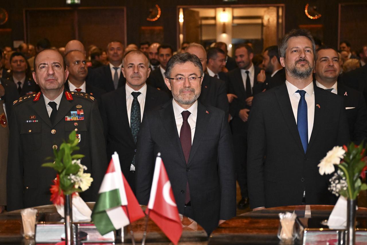 Türkiye’s Minister of Agriculture and Forestry Ibrahim Yumakli (center) attends a reception organized by the Hungarian Embassy in Ankara for Hungary’s National Day, with Hungarian Ambassador Viktor Matis (right), Ankara, Türkiye, October 21, 2025. (Ismail Kaplan/AA Photo)