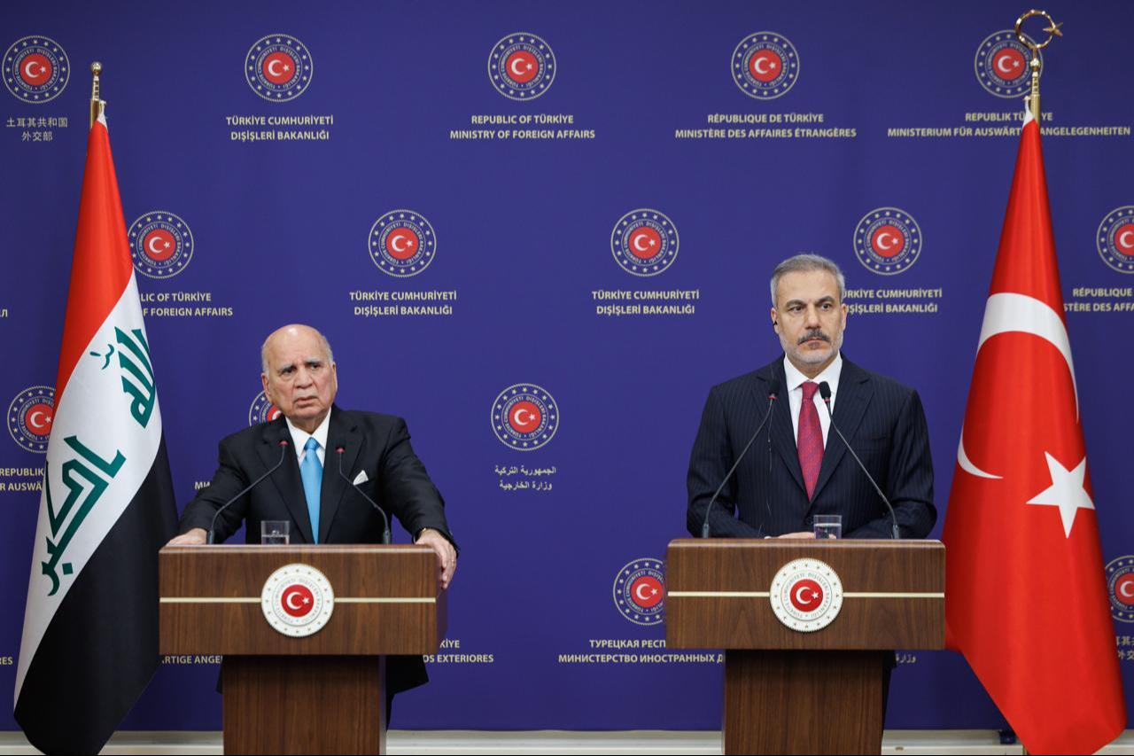 Foreign Minister Hakan Fidan and Iraqi Foreign Minister Fuad Hussein hold a joint press conference in Ankara, Türkiye, Oct. 10, 2025. (AA Photo)