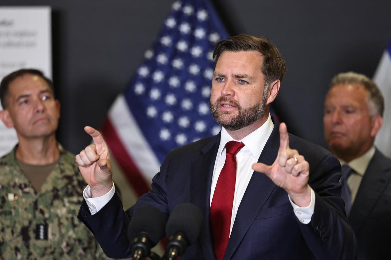 US Vice President JD Vance speaks during a press conference following a military briefing at the Civilian Military Coordination Center in southern Israel on Oct. 21, 2025. (AFP Photo)