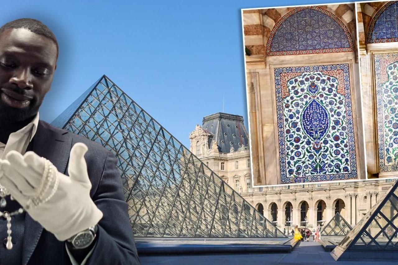 Actor Omar Sy in front of the Louvre’s glass pyramid, with inset images showing Iznik tiles from Sultan Selim II’s Tomb now exhibited in Paris. (Photos via Türkiye Daily)