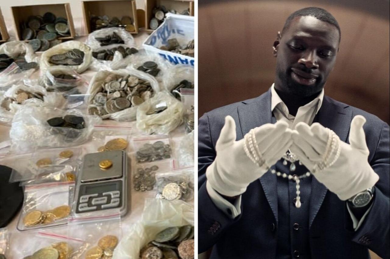 Anatolian coins seized in France (left) — French actor Omar Sy portraying gentleman-thief Arsène Lupin in the Netflix series ‘Lupin’ (right). (Photos via Türkiye Daily)