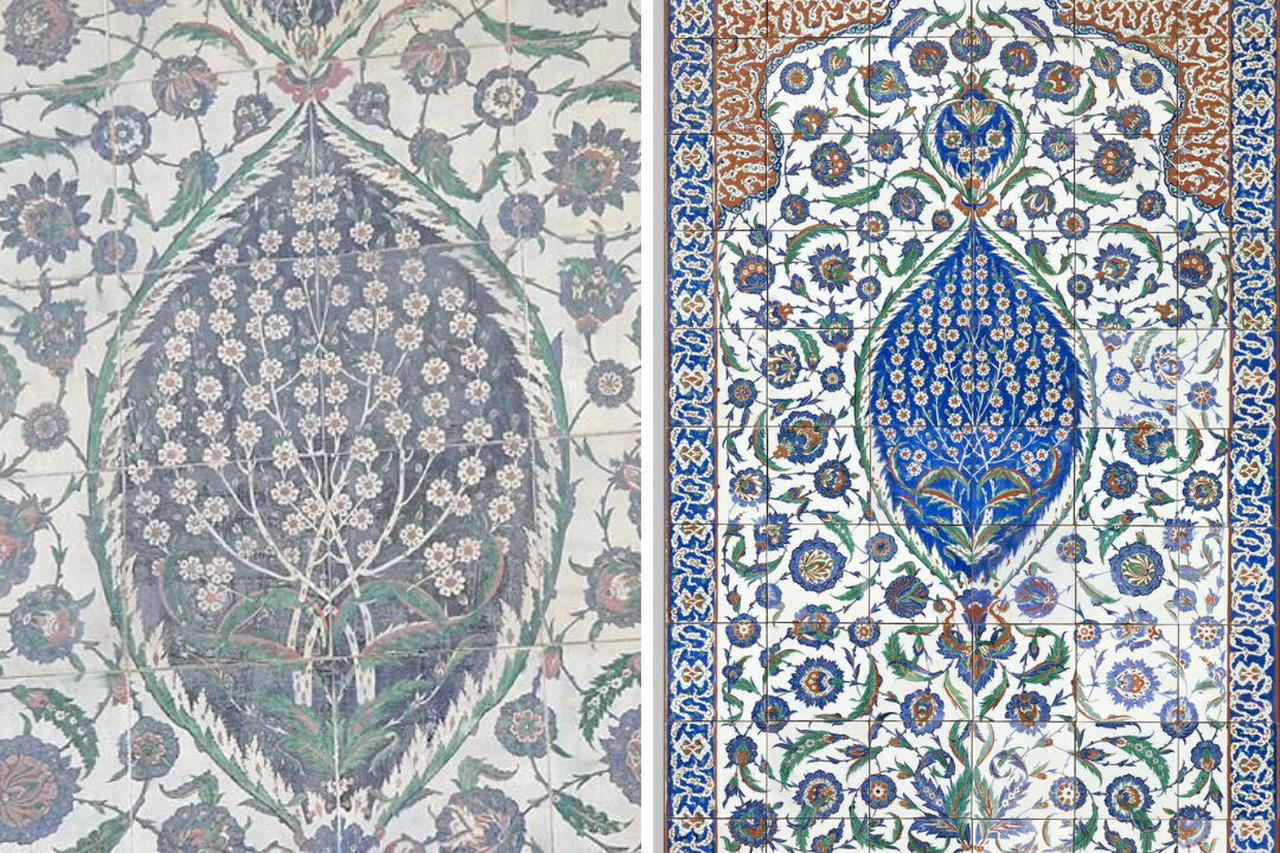 The faded replica panel at the Sultan Selim II Tomb (left) and the original İznik tile masterpiece displayed at the Louvre Museum in Paris (right). (Photos via Türkiye Daily)