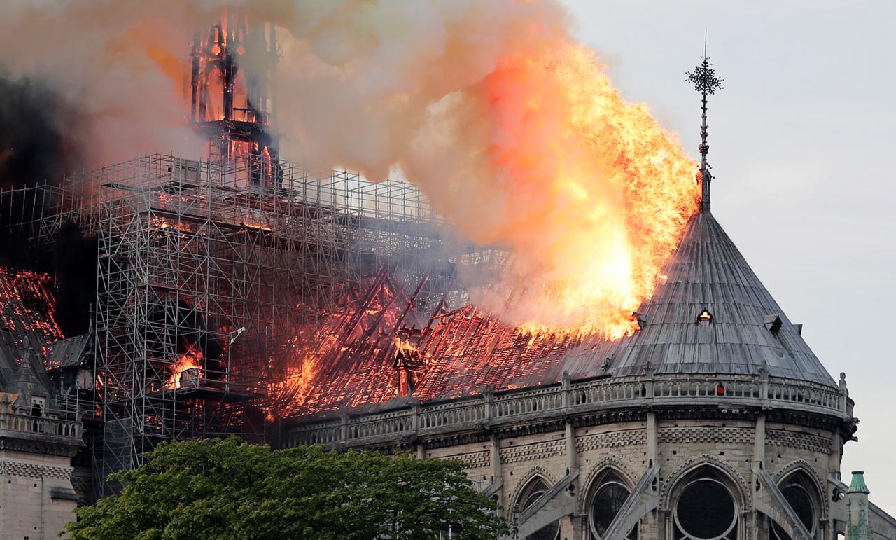 The fire at Notre Dame Cathedral in Paris, France, April 15, 2019 (Photo via Ian Langsdon/EPA)