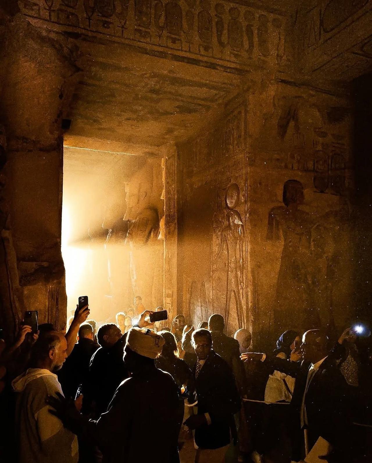 The rising sun aligns with the face of Ramses II, illuminating the temple’s sanctuary in a golden glow , Abu Simbel Temple, Aswan , October 22 , 2025 . (Photo courtesy of Youssef Hany )