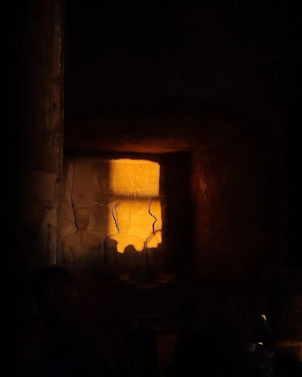 The rising sun aligns with the face of Ramses II, illuminating the temple’s sanctuary in a golden glow , Abu Simbel Temple, Aswan , October 22 , 2025 . (Photo courtesy of Youssef Hany )