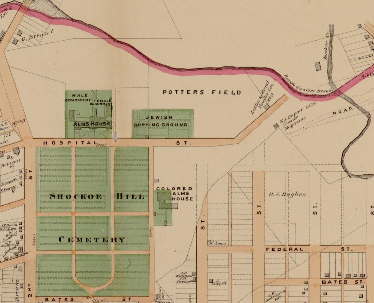 F. W. Beers’ 1876 Illustrated Atlas of the City of Richmond shows the locations of Shockoe Hill Cemetery and the adjacent burial grounds. (Map via Library of Virginia / The Conversation)