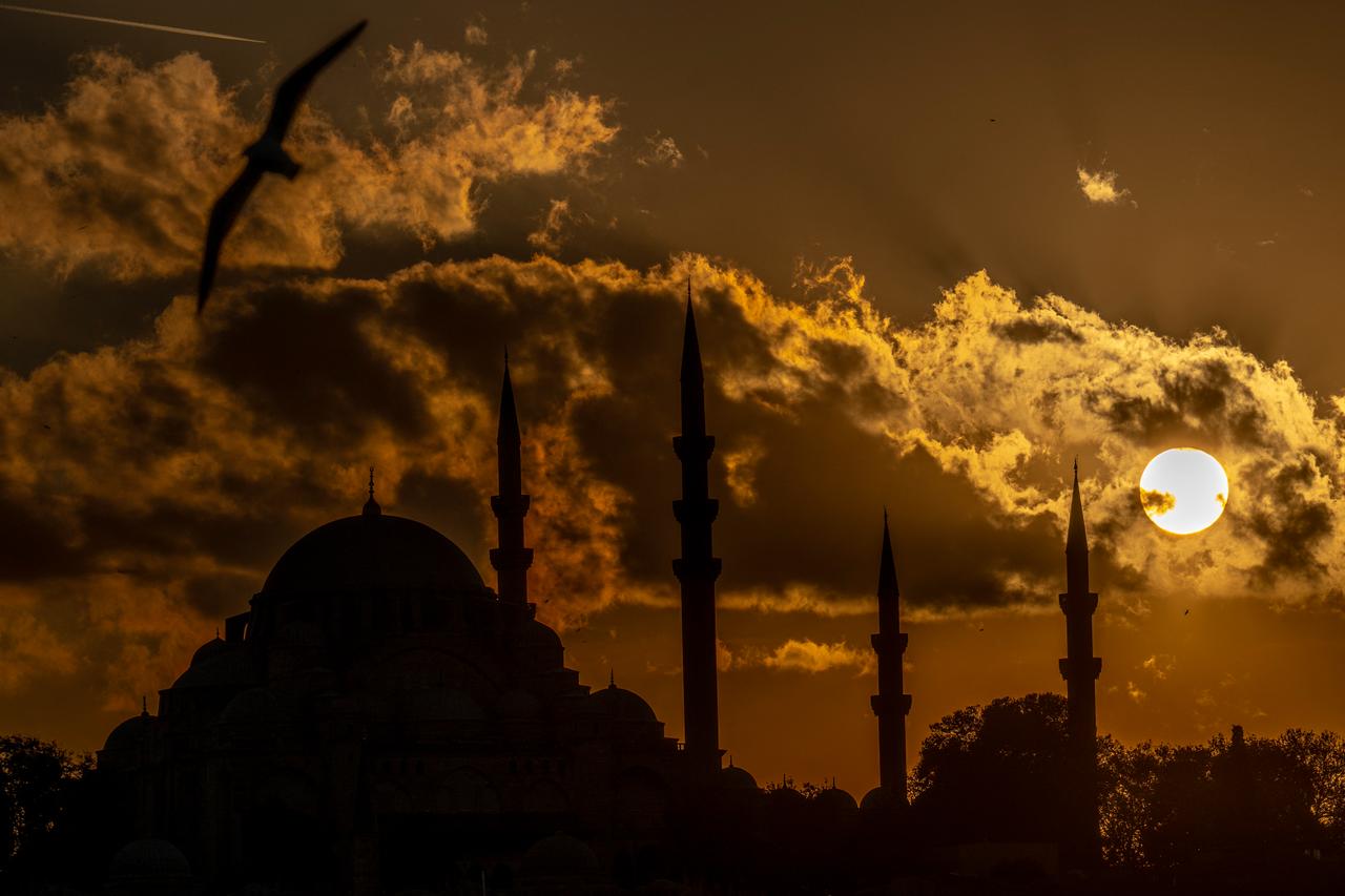 A seagull flies over Suleymaniye Mosque during sunset in Karakoy district, Istanbul, Türkiye, October 20, 2025. (AFP Photo)
