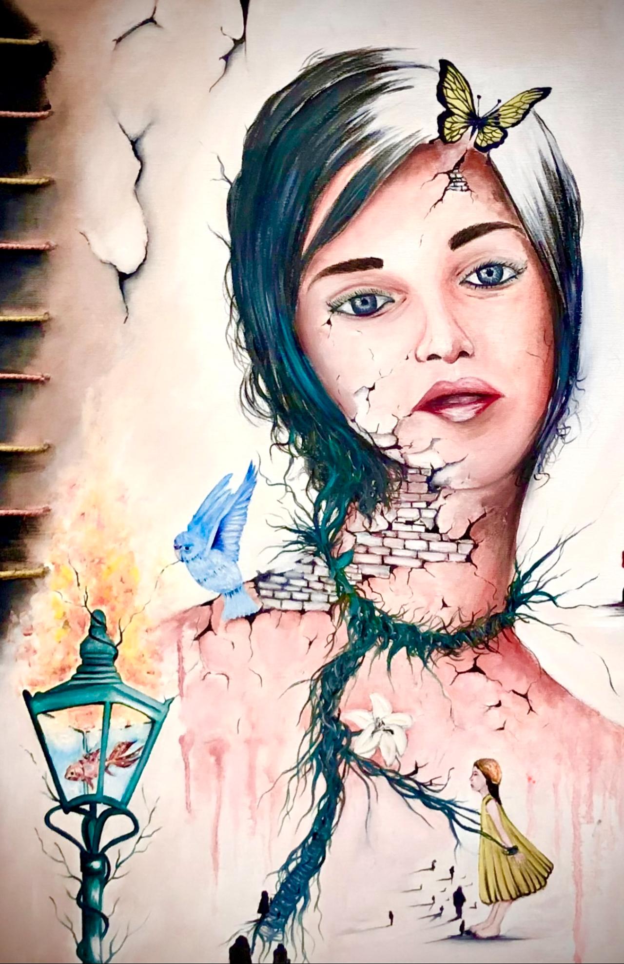 A young woman’s cracked visage merges with symbols of rebirth and nature in Aydogan’s surreal portrait. (Image via Vahap Aydogan’s archive)