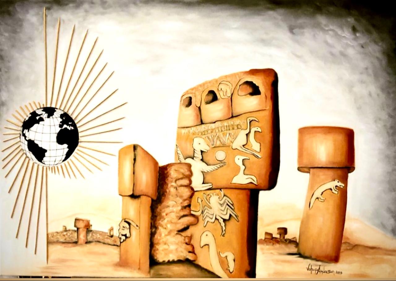 Inspired by the prehistoric sanctuary of Gobeklitepe, Aydogan’s painting links the world’s oldest temple to humanity’s shared origins. (Image via Vahap Aydogan’s archive)