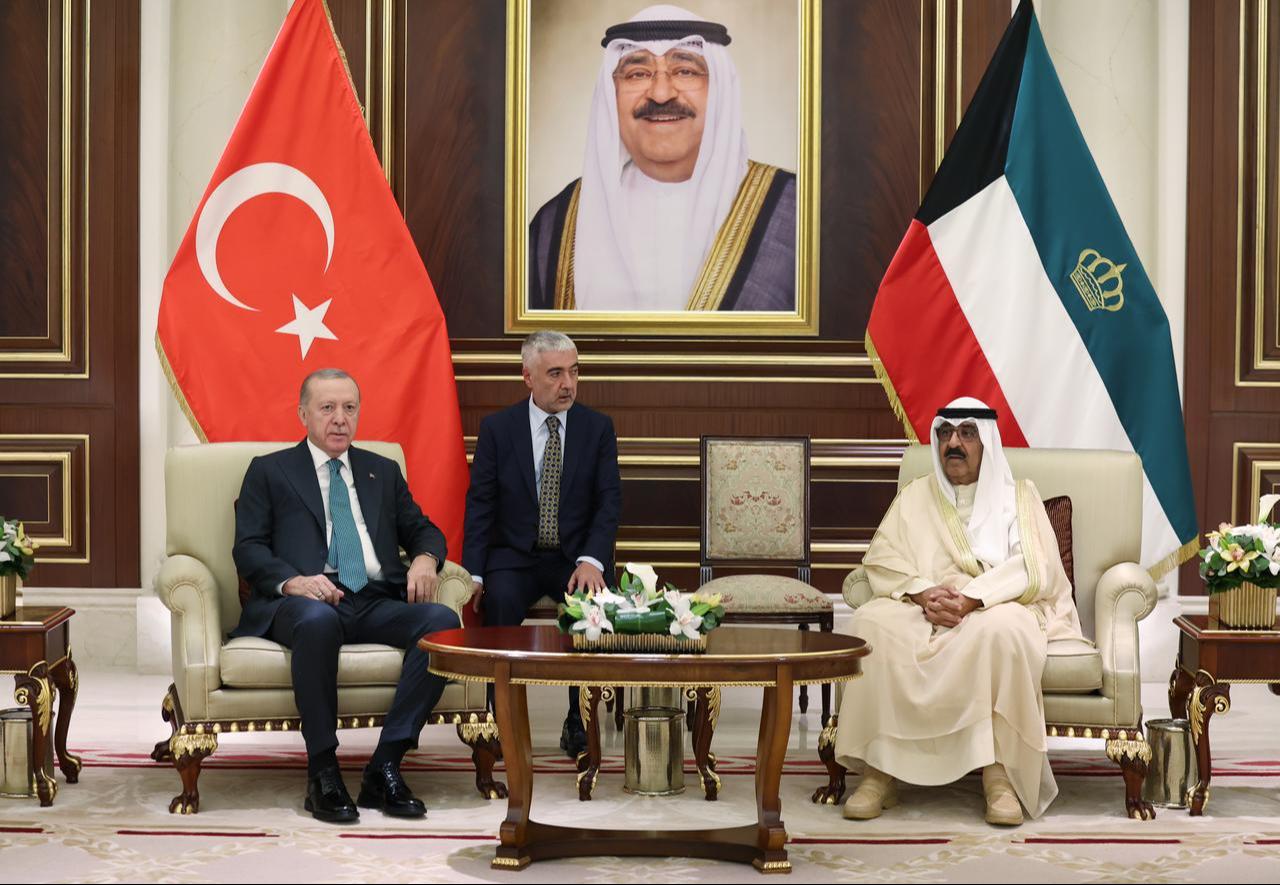 President Recep Tayyip Erdogan (L) holds interdelegation meetings with the Emir of Kuwait, Mishal Al-Ahmad Al-Jaber Al-Sabah (R) in Kuwait City, Kuwait, Oct. 21, 2025. (Photo via Turkish Presidency/Murat Cetinmuhurdar)