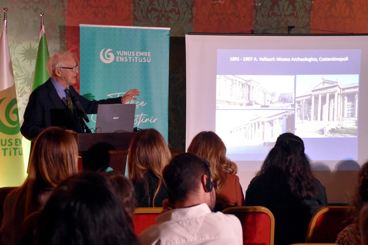 Professor Ezio Godoli discusses the architectural legacy of figures such as Raimondo D’Aronco and Pietro Morandi during his lecture in Rome organized by Yunus Emre Institute, Oct. 23, 2025. (AA Photo)