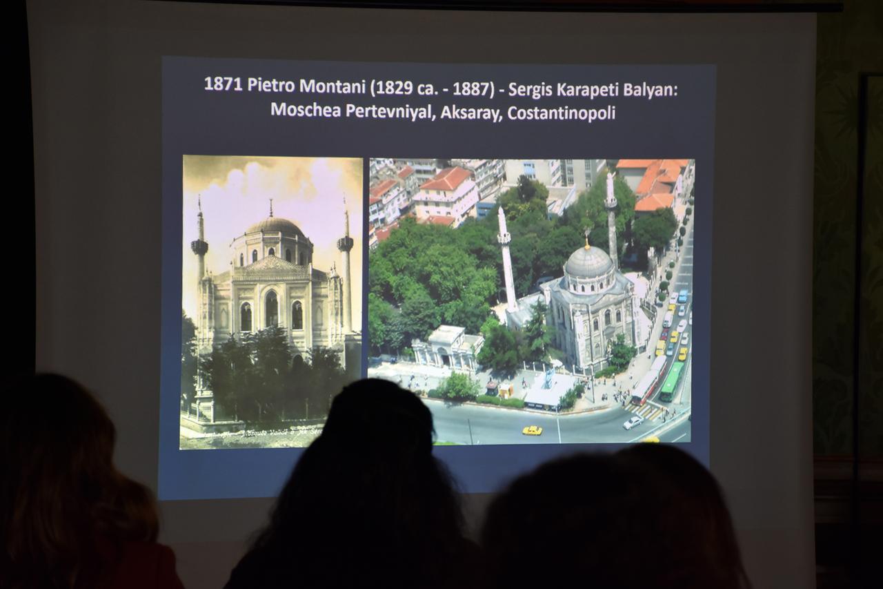A slide from Professor Ezio Godoli’s presentation shows the Pertevniyal Valide Sultan Mosque in Istanbul, designed by Italian architect Pietro Montani in 1871, Oct. 23, 2025. (AA Photo)