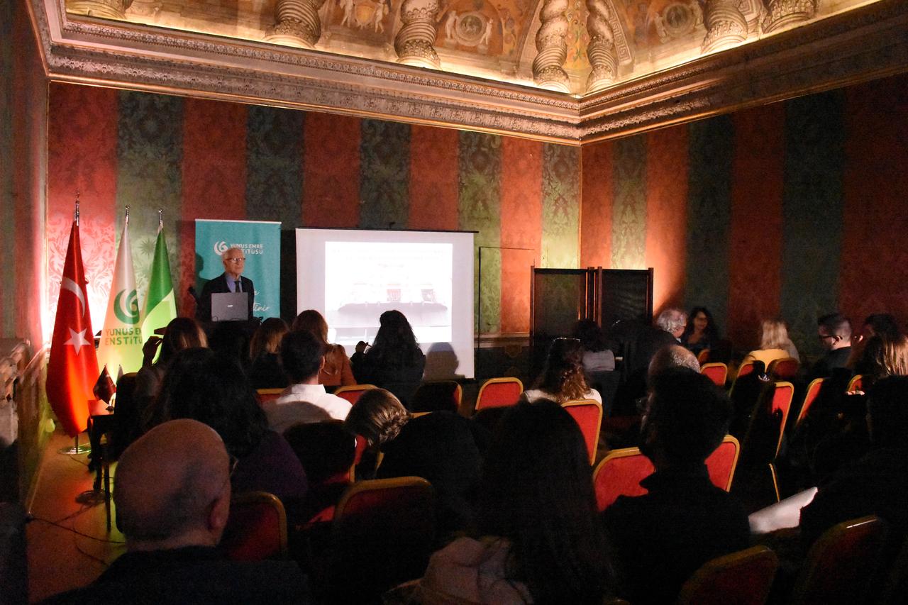 Guests attend the conference “Levantine and Italian Architects’ Activities in Türkiye,” featuring Professor Ezio Godoli, at Yunus Emre Institute’s Rome Turkish Cultural Center, Oct. 23, 2025. (AA Photo)