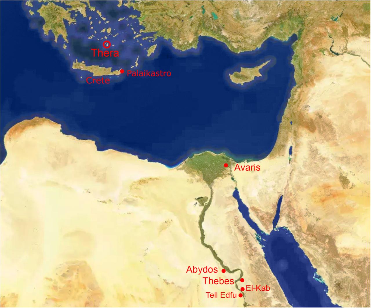 Map showing the eastern Mediterranean, with Thera (Santorini) and key Egyptian sites mentioned in the study. (Image via Based on Mapcarta, with data from © OpenStreetMap, Mapbox, and Mapcarta)