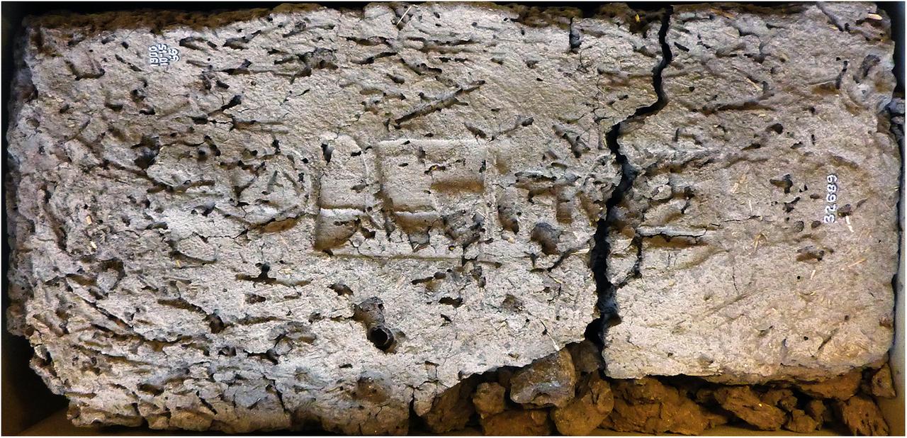 Mudbrick EA 32689 from the Temple of Ahmose at Abydos, showing the stamped throne name “Nebpehtire” of Pharaoh Ahmose. (Photo by H.J. Bruins, 2018/The Trustees of the British Museum)