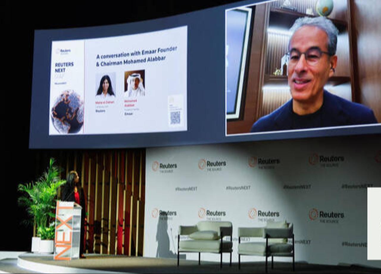 Emaar Founder and Chairman Mohamed Alabbar appears on-screen as he speaks at the Reuters NEXT Gulf Summit in Abu Dhabi. (Reuters Photo )