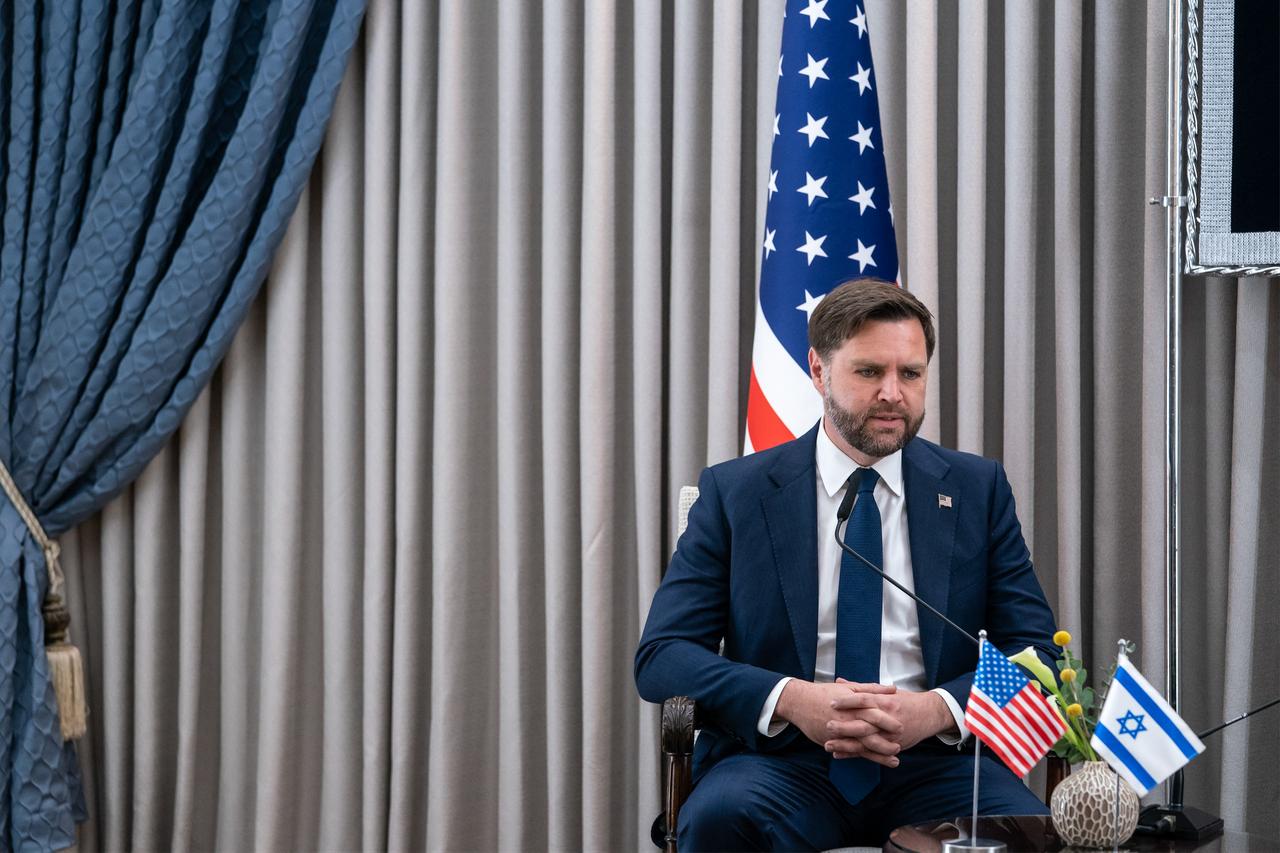 US Vice President JD Vance looks on during a meeting with the Israeli president at the Beit Hanassi presidential residence in Jerusalem, October 22, 2025. (AFP Photo)