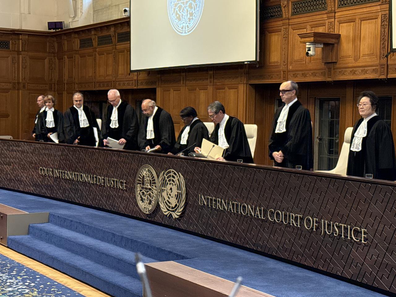 International Court of Justice (ICJ) gathers to issue an advisory opinion assessing the legal consequences of Israeli restrictions on United Nations (UN) agencies in the Hague, Netherlands, Oct. 22, 2025. (AA Photo)