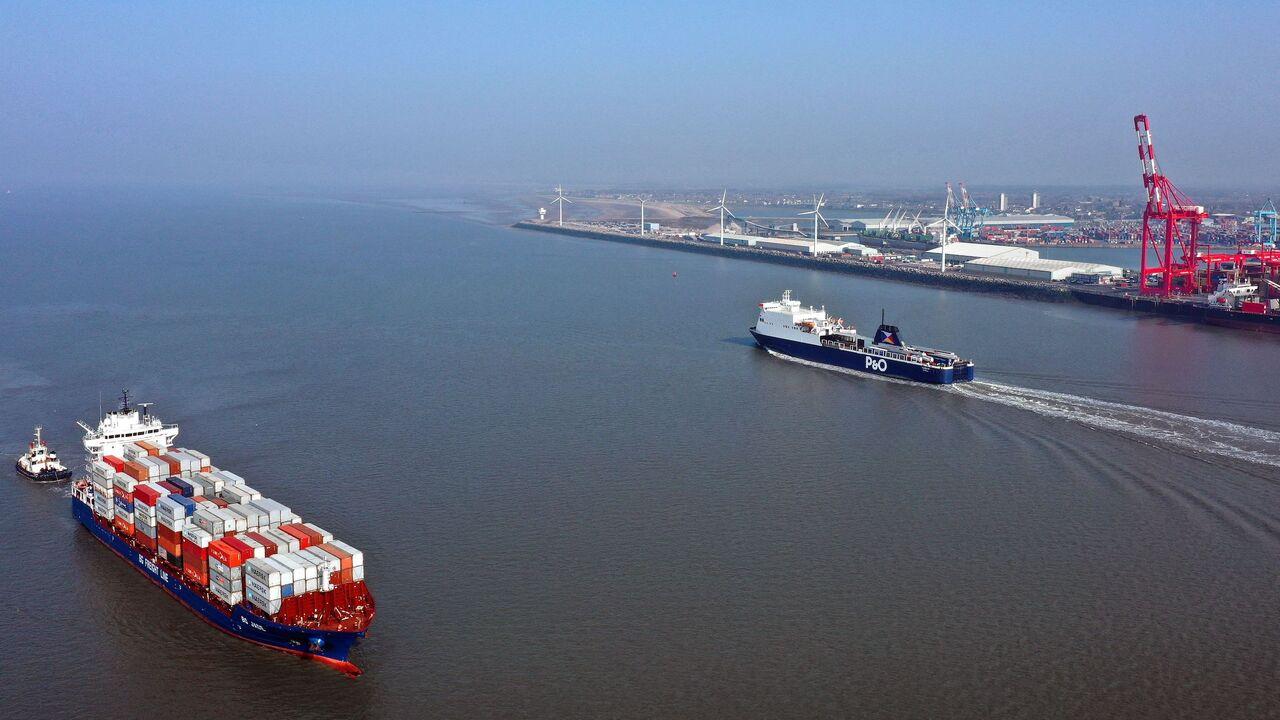 A general view of the P&O ferry Norbank carrying freight on the Liverpool to Dublin route, leaving Gladstone Dock in Liverpool, north west England, March 23, 2022. (AFP Photo)