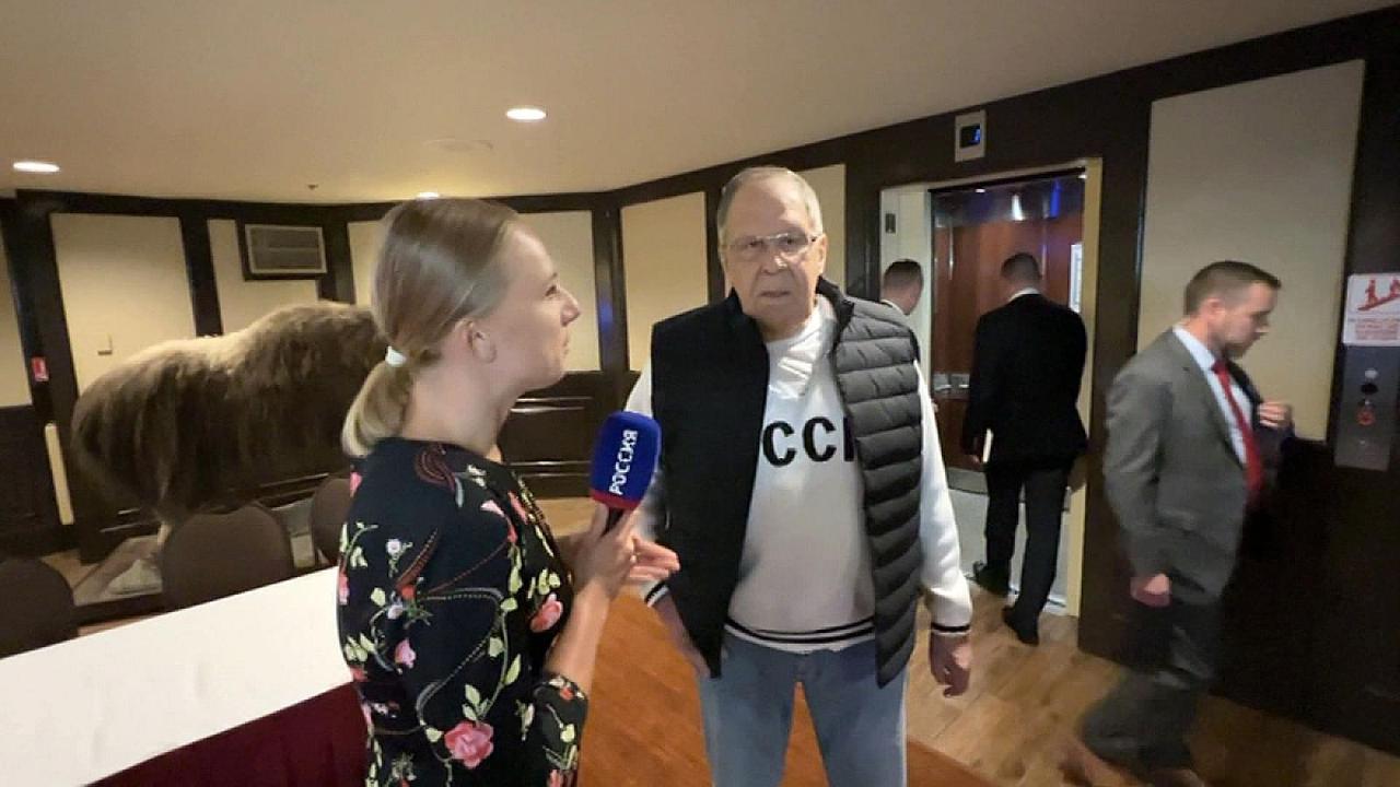 Russian Foreign Minister Sergey Lavrov in USSR Sweatshirt. (Photo via X)