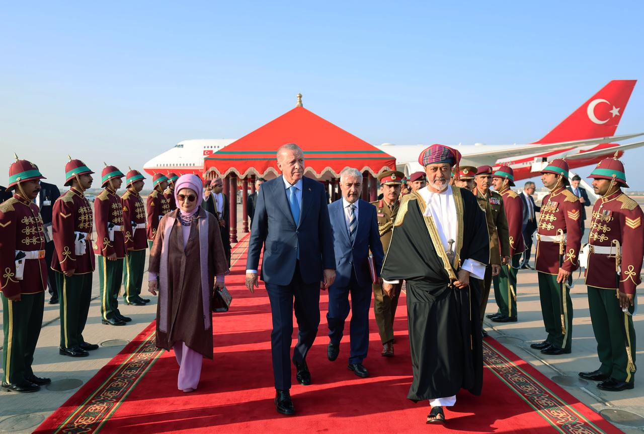 President Recep Tayyip Erdogan is welcomed by Sultan Haitham bin Tariq Al Said of Oman with an official ceremony upon his arrival in Muscat, Oman, Oct. 22, 2025. (Photo via Turkish Presidency/Murat Cetinmuhurdar)